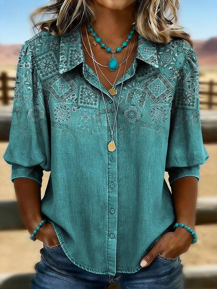 Retro Print Casual Puff Sleeve Shirt
