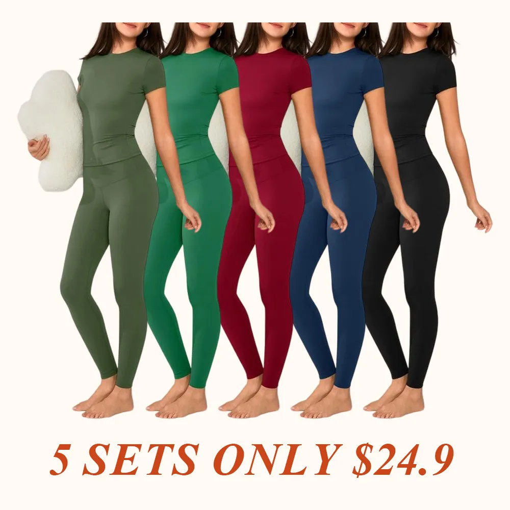 Women's Solid Short Sleeve Tee & Leggings Loungewear, Casual Comfy Round Neck Top & Skinny Pants PJ Set