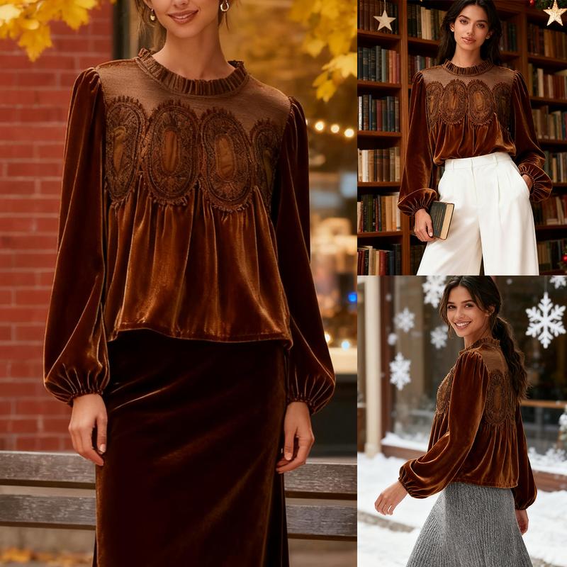 Women’s Elegant Velvet Lace Long Sleeve Blouse