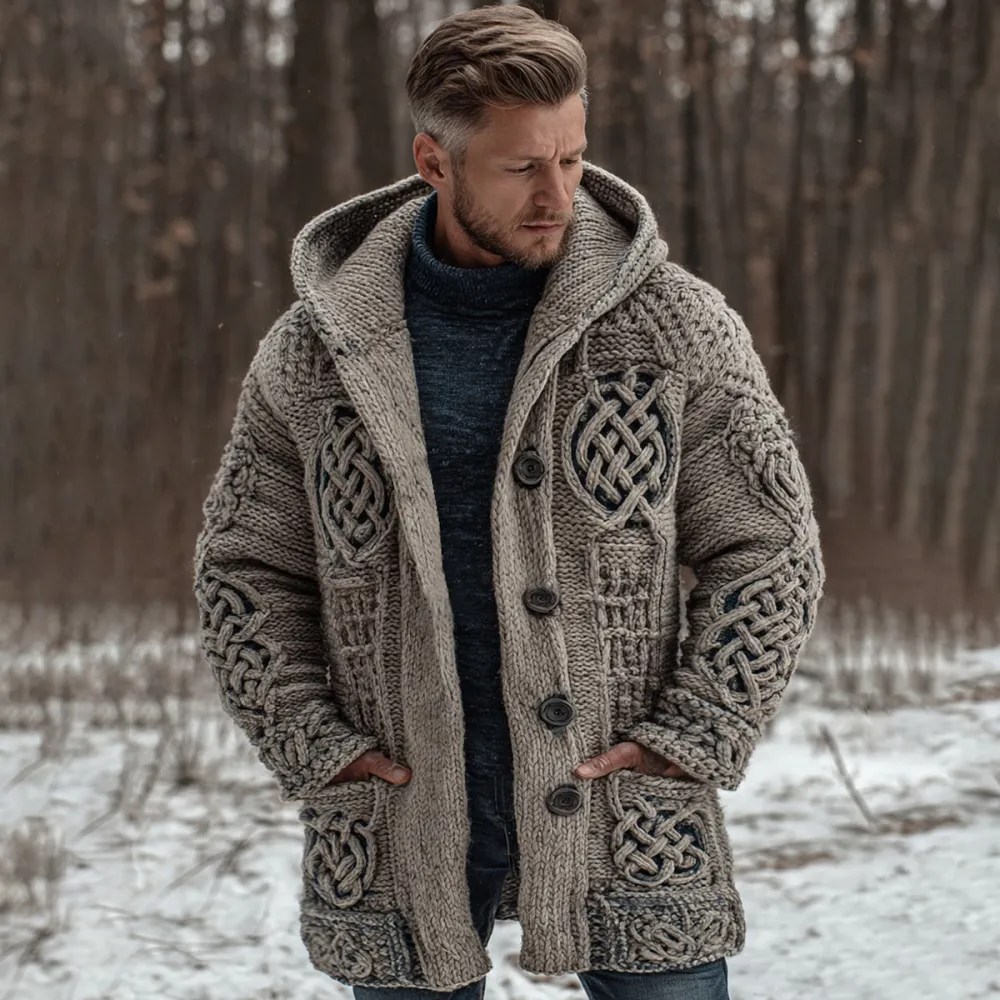 Men's Viking Celtic Knot Jacquard Button Down Hooded Knitted Cardigan