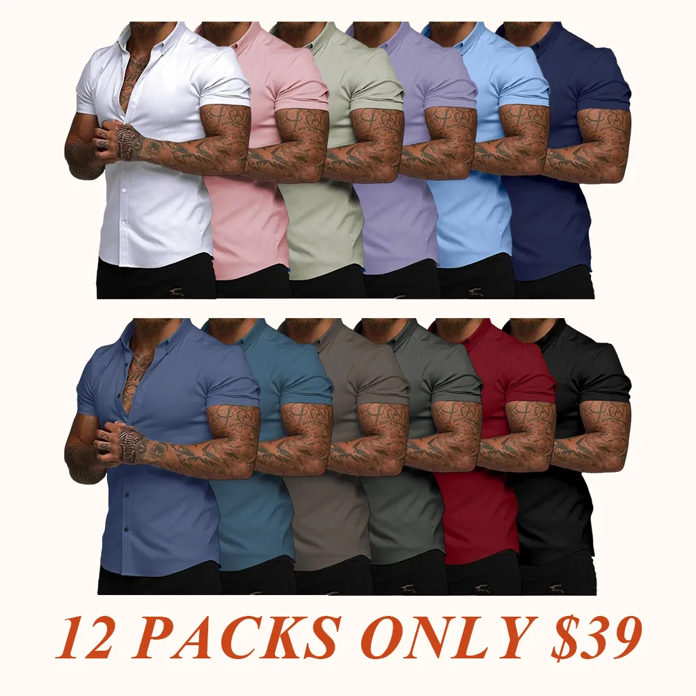 Mens Muscle Fit Dress Shirts Casual Button Down Shirt Short Sleeve Wrinkle-Free Shirts