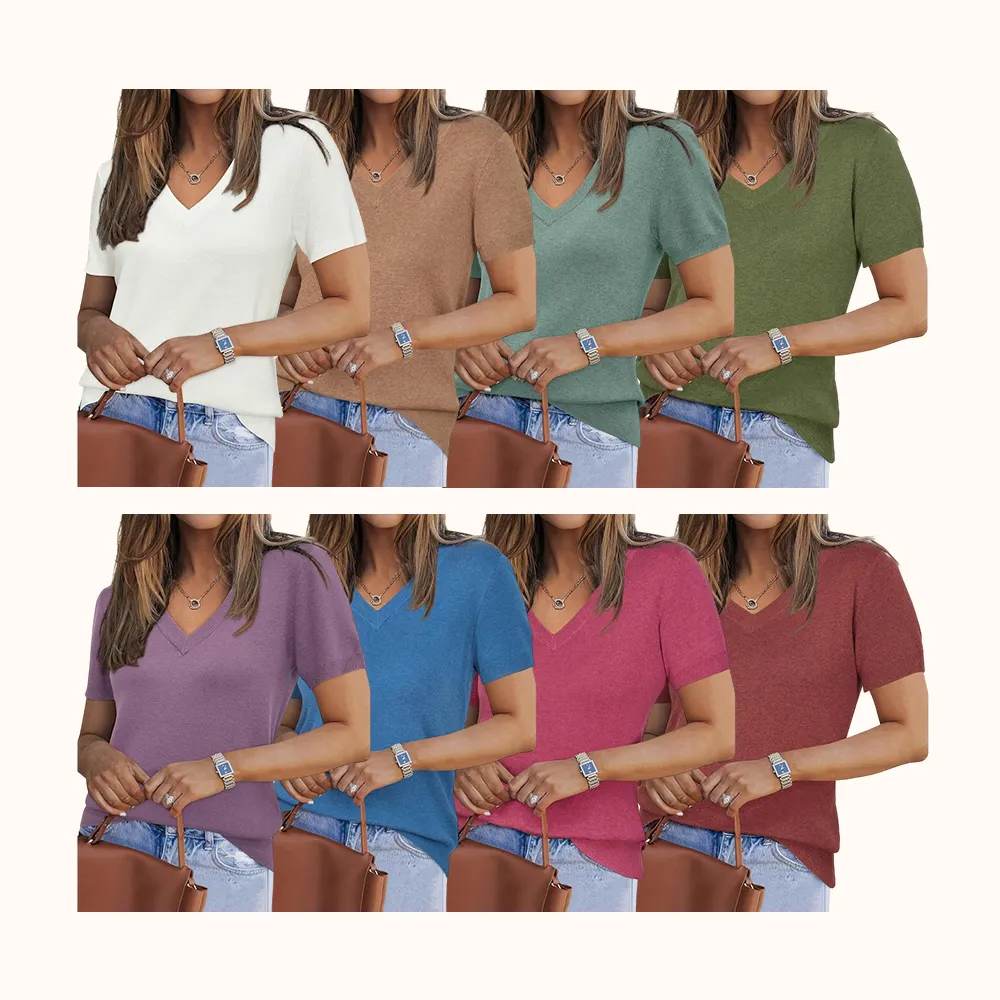 Womens Wool Blend Sweater Soft V Neck Short Sleeve Spring Fashion Pullover Tops