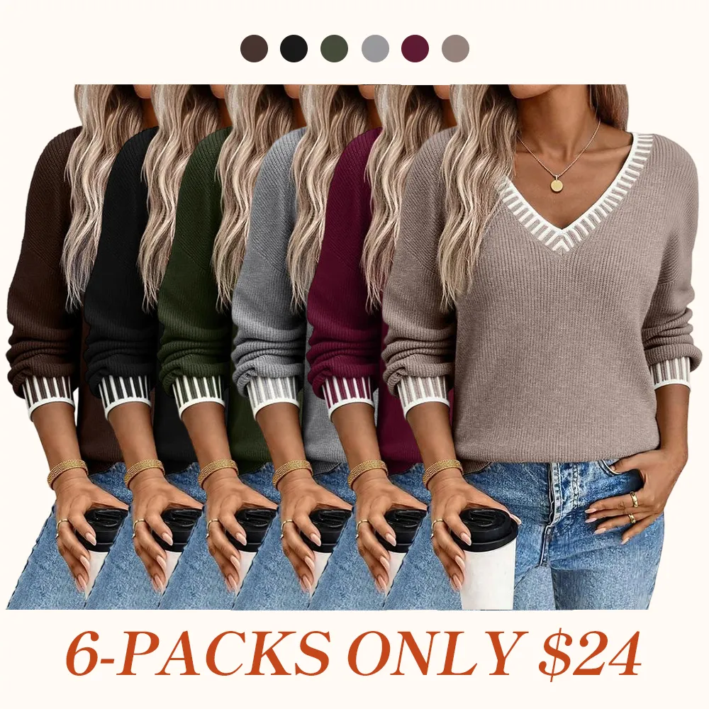 Womens Sweaters Long Sleeve V neck Warm Pullover Knit Tops