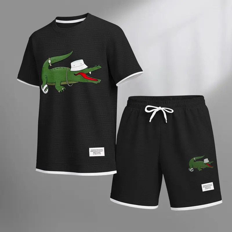 Men's Waffle Knit Two-Piece Set – Breathable Short Sleeve & Drawstring Shorts