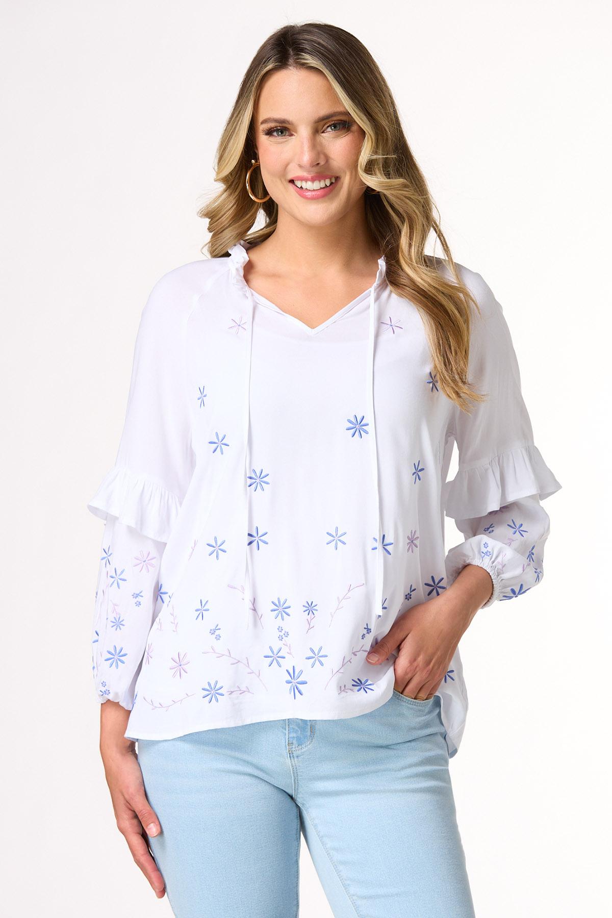 Ruffled Embroidered Balloon Sleeve Top