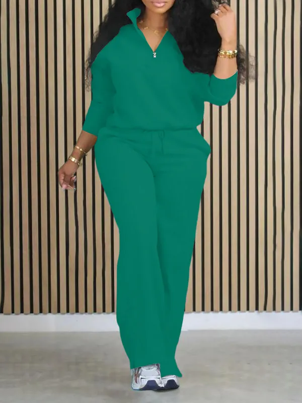 Women's Solid Half Placket Split Hem Pants Set