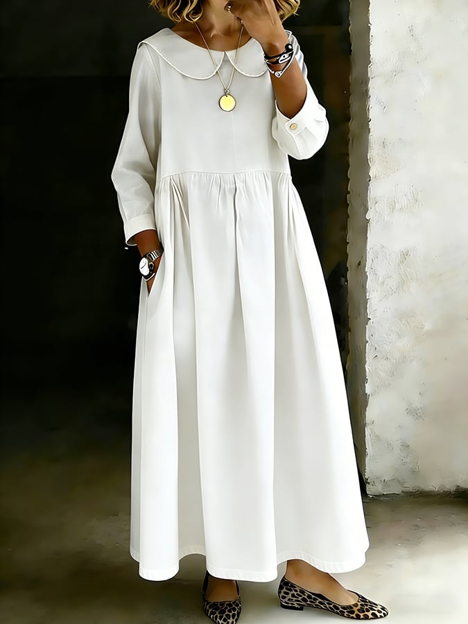 Women's Retro Solid Color Design Lapel Pocket Casual Dress- Fast Shipping