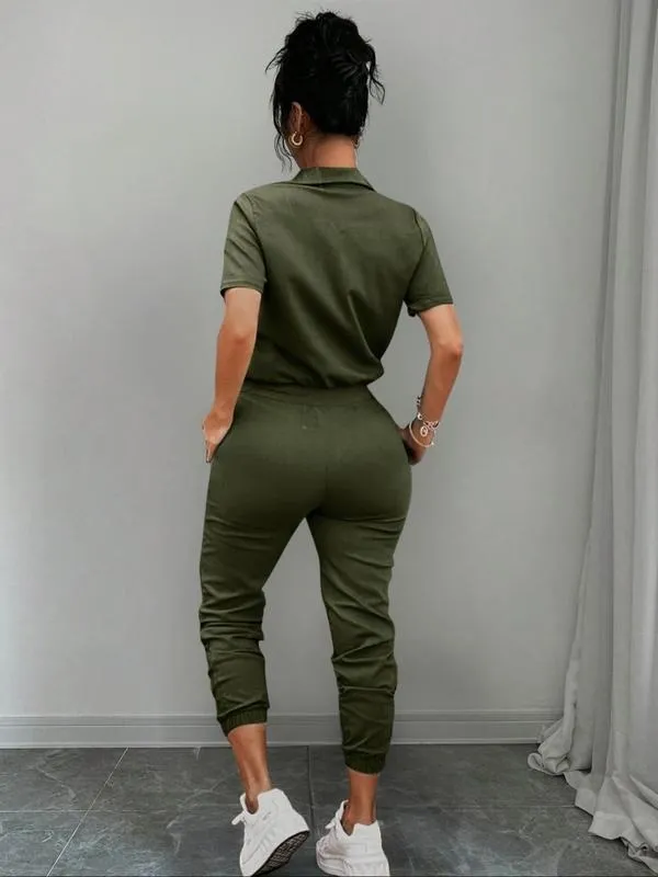 Women's Solid Button Front Pocket Jumpsuit, Casual Short Sleeve Jumpsuit for Daily Wear