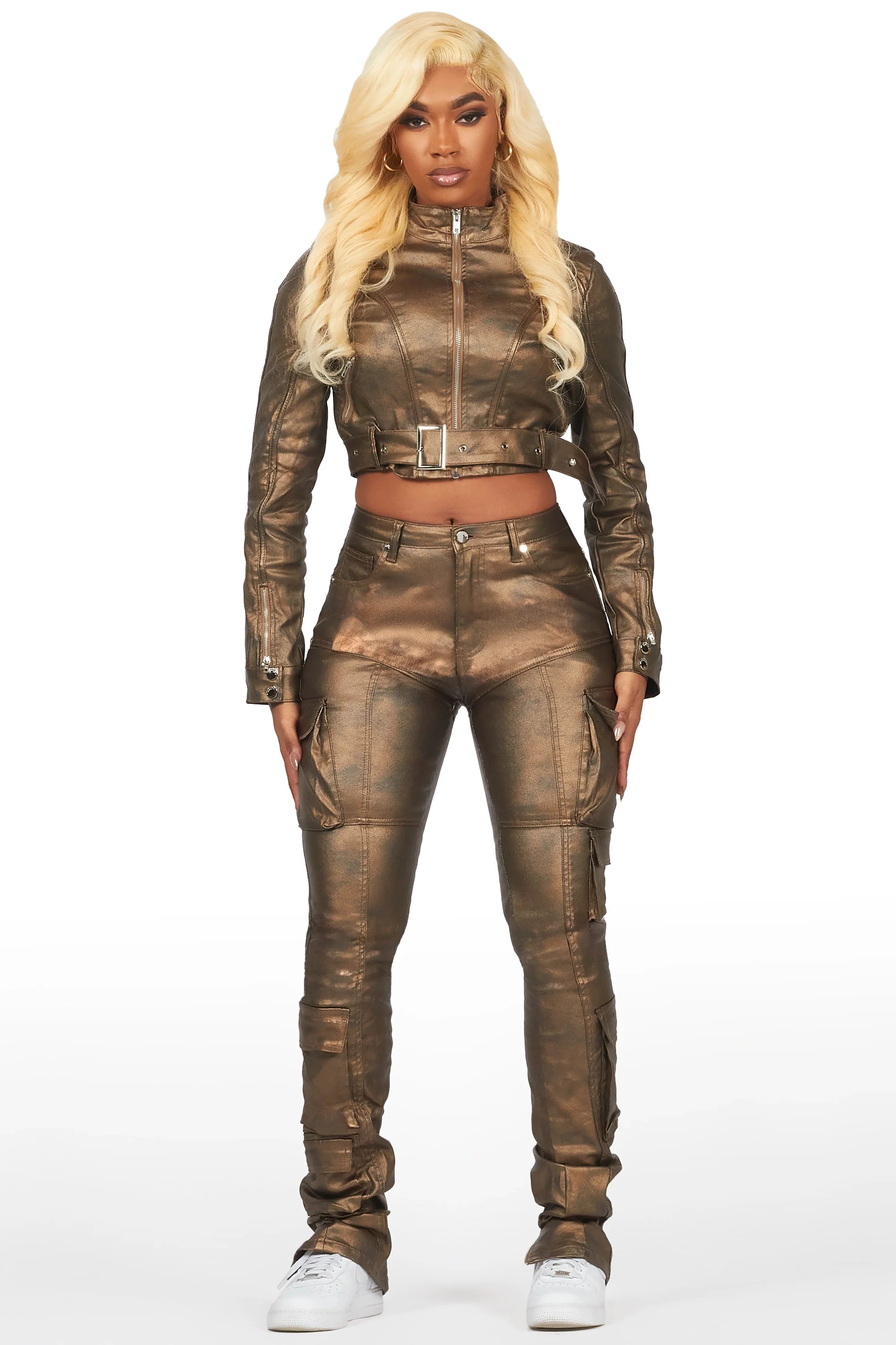 Teeoina Gold Coated Black Faux Leather Moto Jacket