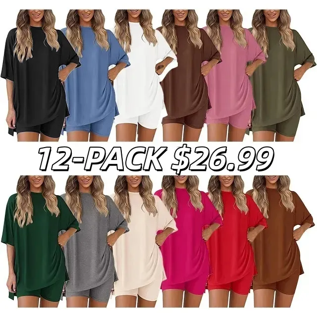 🔥Women's Two Piece Lounge Set 2026 Summer Casual Oversized Shirts Biker Shorts Matching Airport Travel Outfit