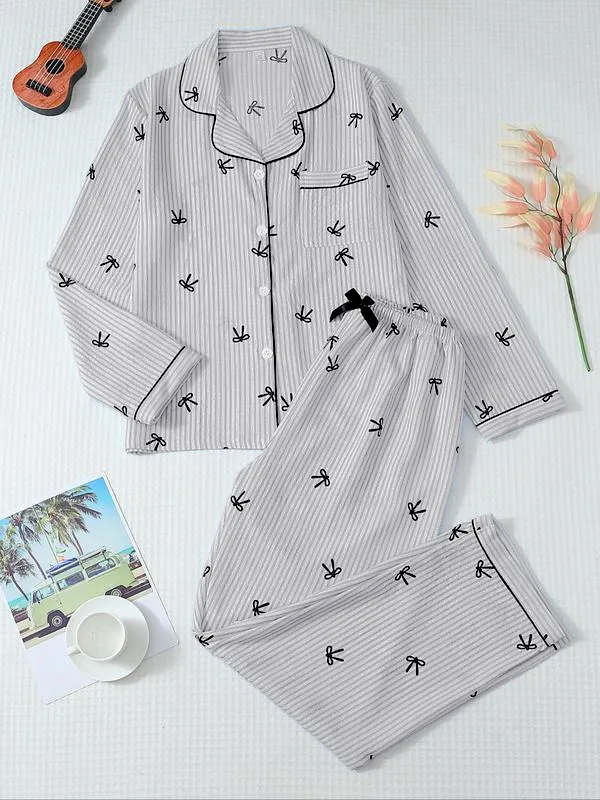 Women's Striped Bow Print Long Sleeve Pajama Set