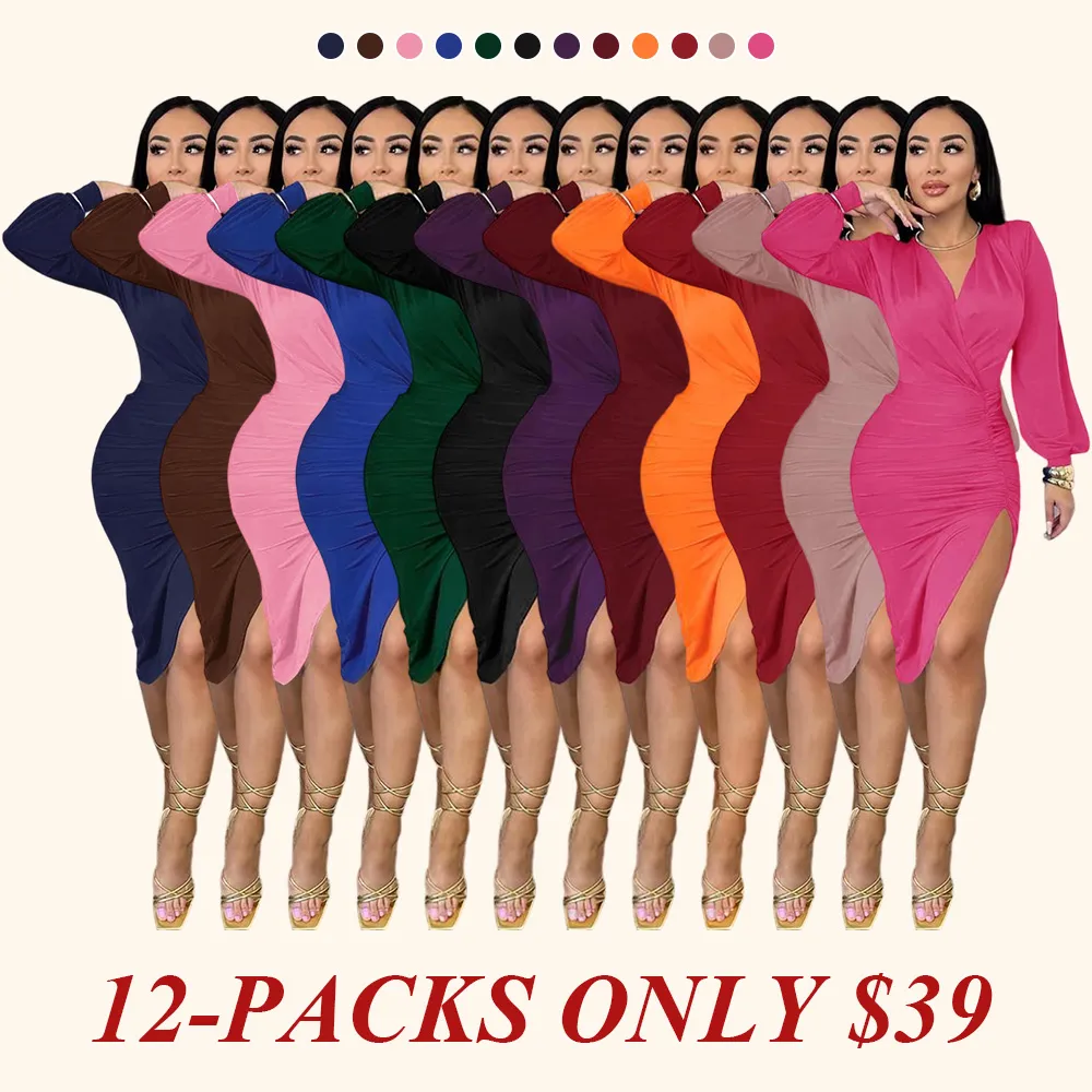 Women's Plain Ruched Wrap Split Thigh Bodycon Dress