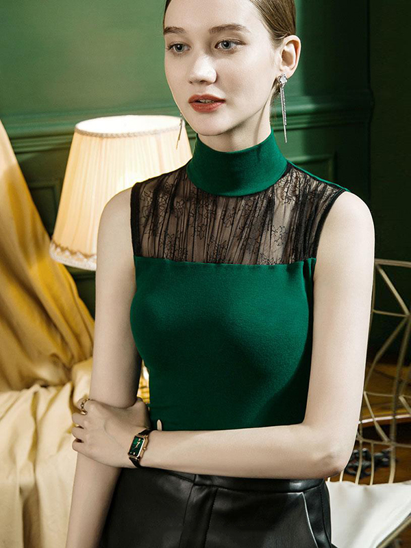 Stylish Selection Skinny Sleeveless Mesh Split-Joint Half Turtleneck Vest Top