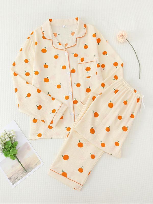 Women's Button Front Blouse & Bow Front Contrast Binding Pants Pyjama Set, Casual Long Sleeve Lapel Top & Trousers, Summer Outfits 2024, Sleepwear for Spring & Fall, National Day Offers