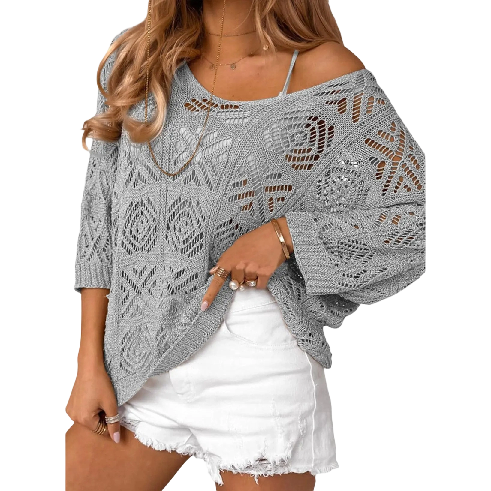 ✨ Women’s Crochet Hollow-Out Off-Shoulder Top – Lightweight 3/4 Sleeve Summer Sweater