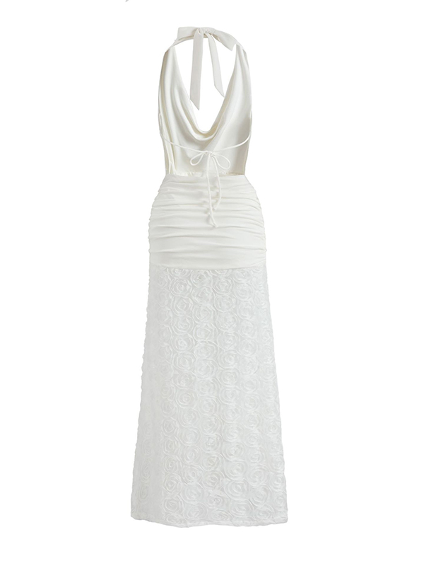 3D Flower Mesh Splicing Sleeveless Halterneck Sexy Memaid Maxi Dresses