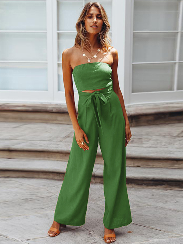 Original Cold Shoulder Tied Solid Color Straight Leg Jumpsuits