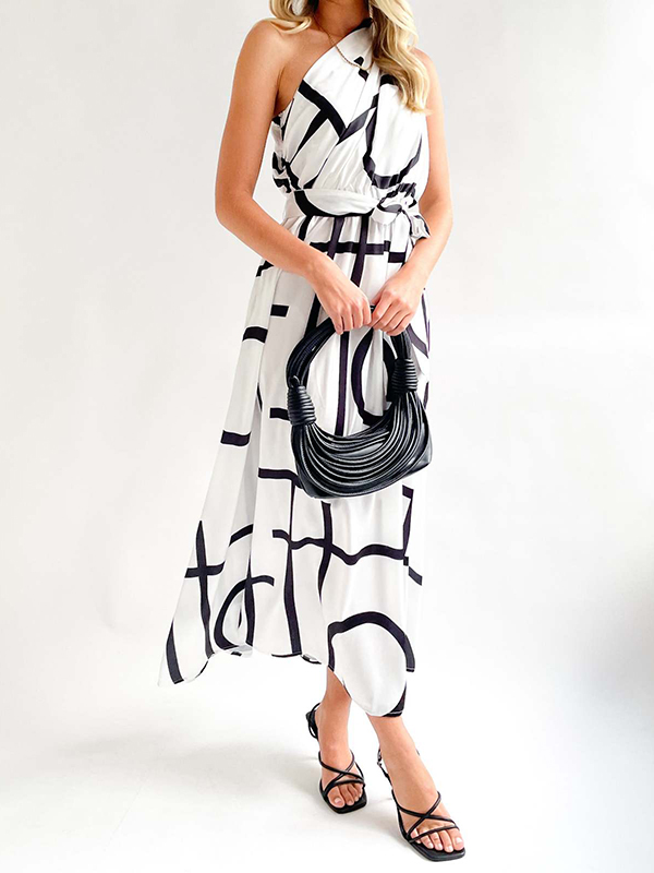 Bandage Contrast Color Hollow Printed Loose Sleeveless One-Shoulder Midi Dresses