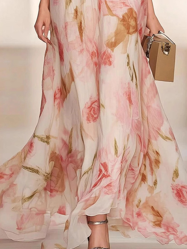 Flower Printed Ruffled Short Sleeves Elegant Chiffon Maxi Dresses