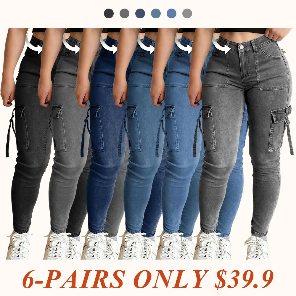 Women's Plain Multi-pocket Denim Cargo Pants