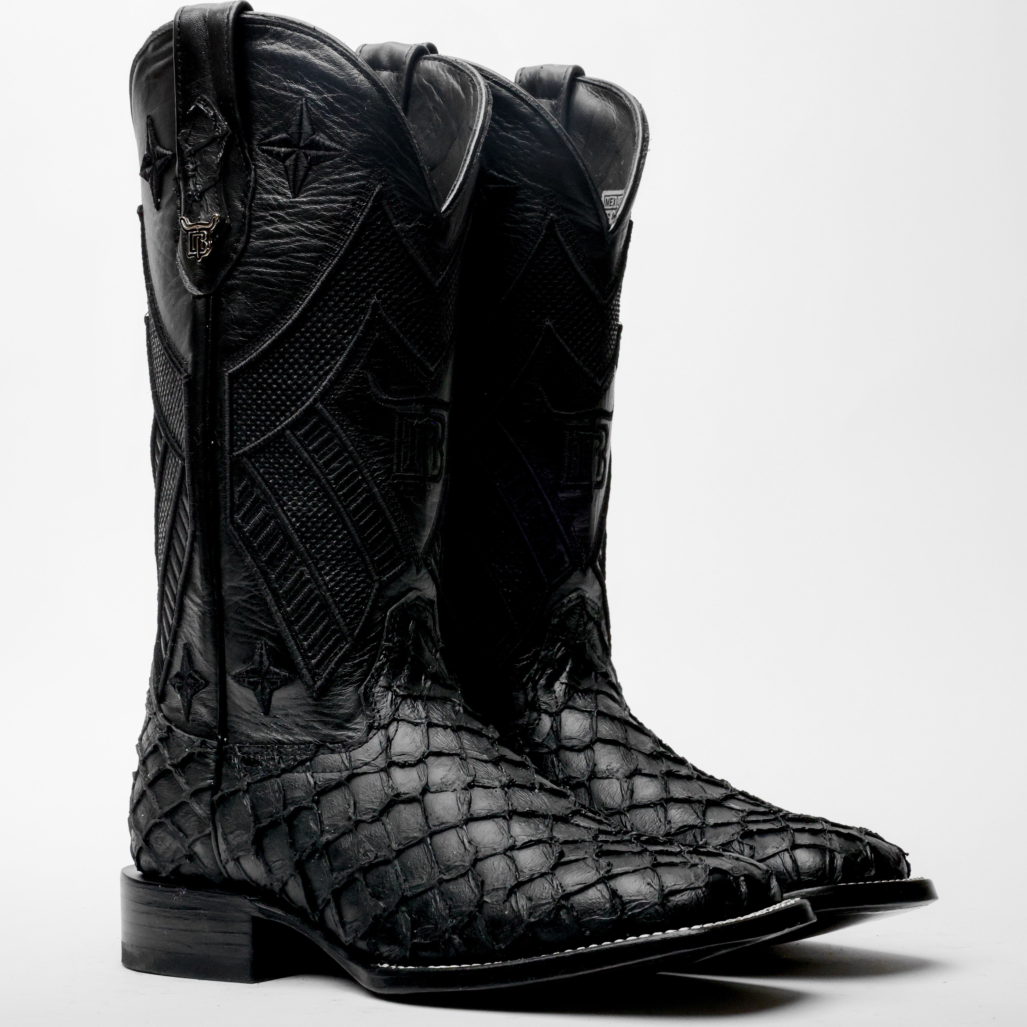 TOTAL BLACK Mini Pirarucu Leather Boots - Square Toe