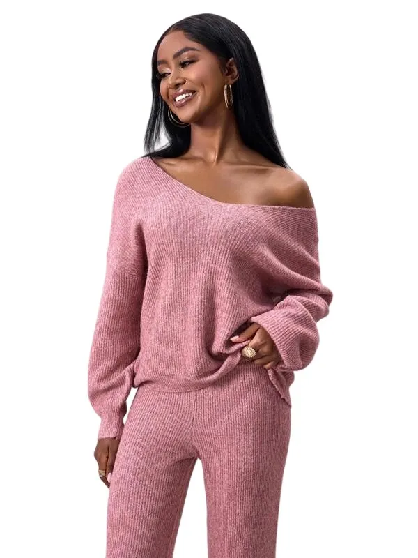 Two-piece Set Women's Solid Color Drop Shoulder Sweater & Pants