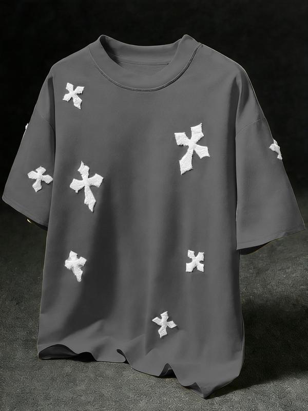 Men's Cross Stitch Embroidered Solid Color Round Neck T-Shirt