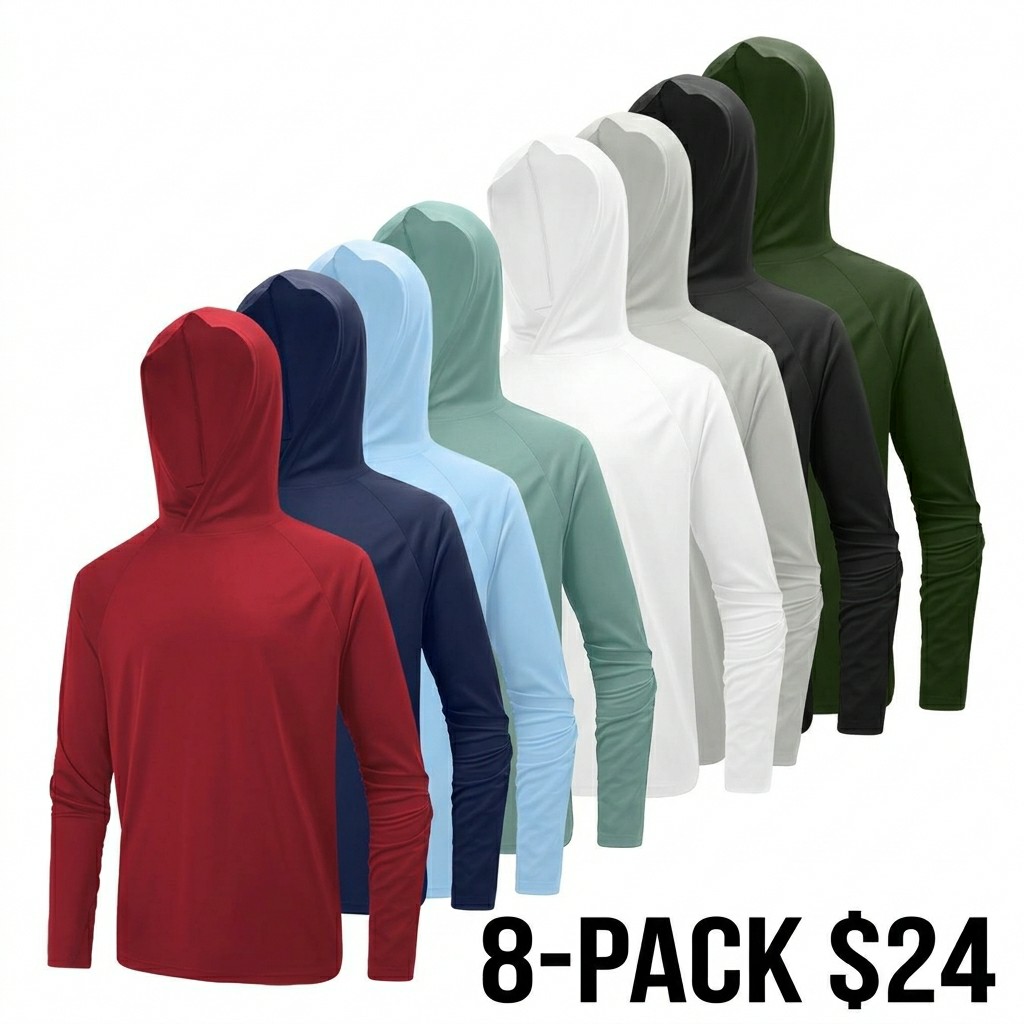 Men's 8-Pack Athletic Hooded Long Sleeve Shirts – Quick Dry Running Activewear Set