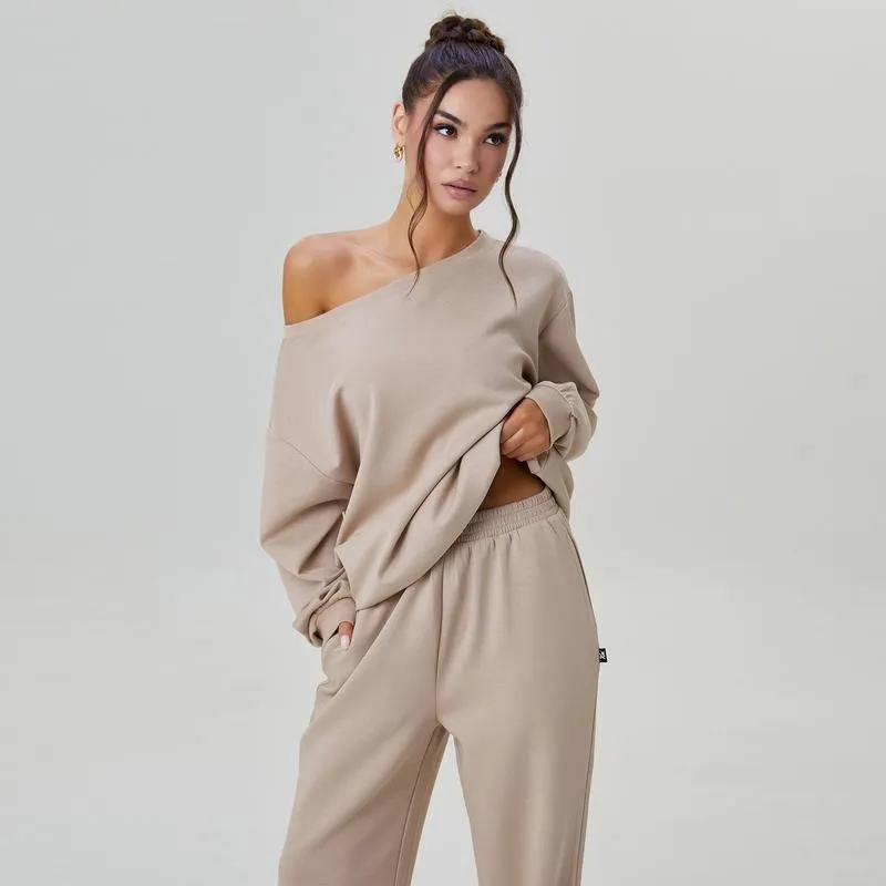 Women's Leisure Solid Color Sloping Shoulder Long Sleeve Top & Wide Leg Trousers Co-ord