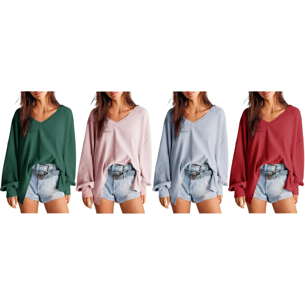 Casual Blouses V Neck Waffle Knit Tops