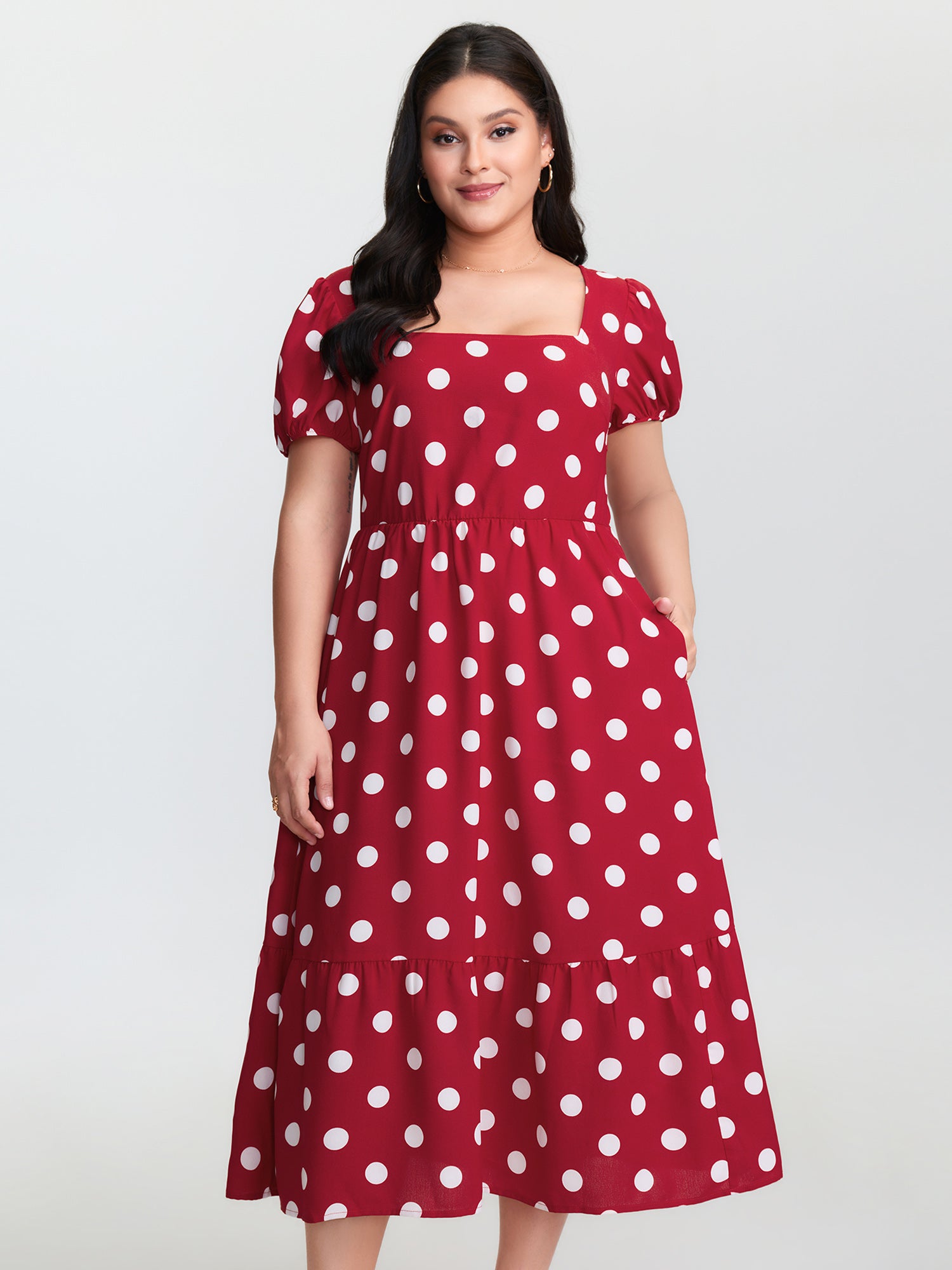 Polka Dots Shirred Cinched Waist Midi Dress