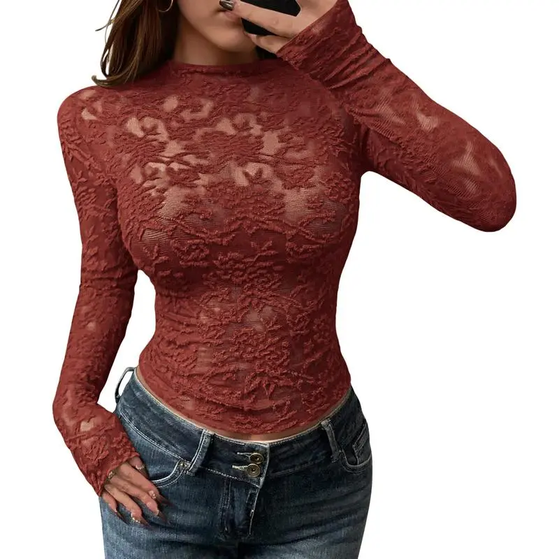 Mesh Long Sleeve Tops for Women Lace Sexy Sheer Tight See Through Crew Neck