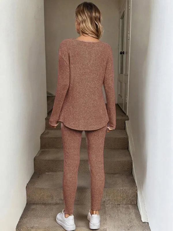 Women's Casual Plush Rib-Knit Long Sleeve T-Shirt And Leggings Suit