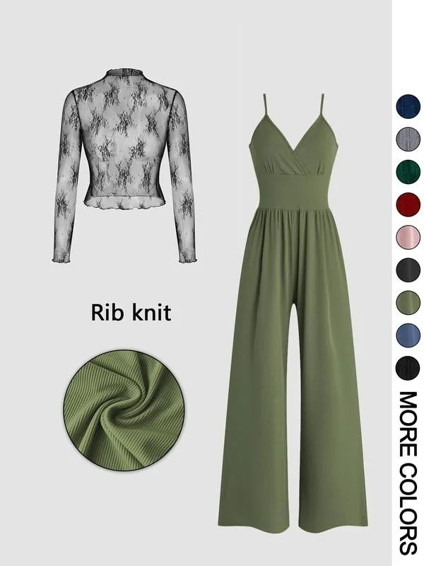 Women's Solid Color Lace Tee & Pocket Jumpsuit Two-piece Set