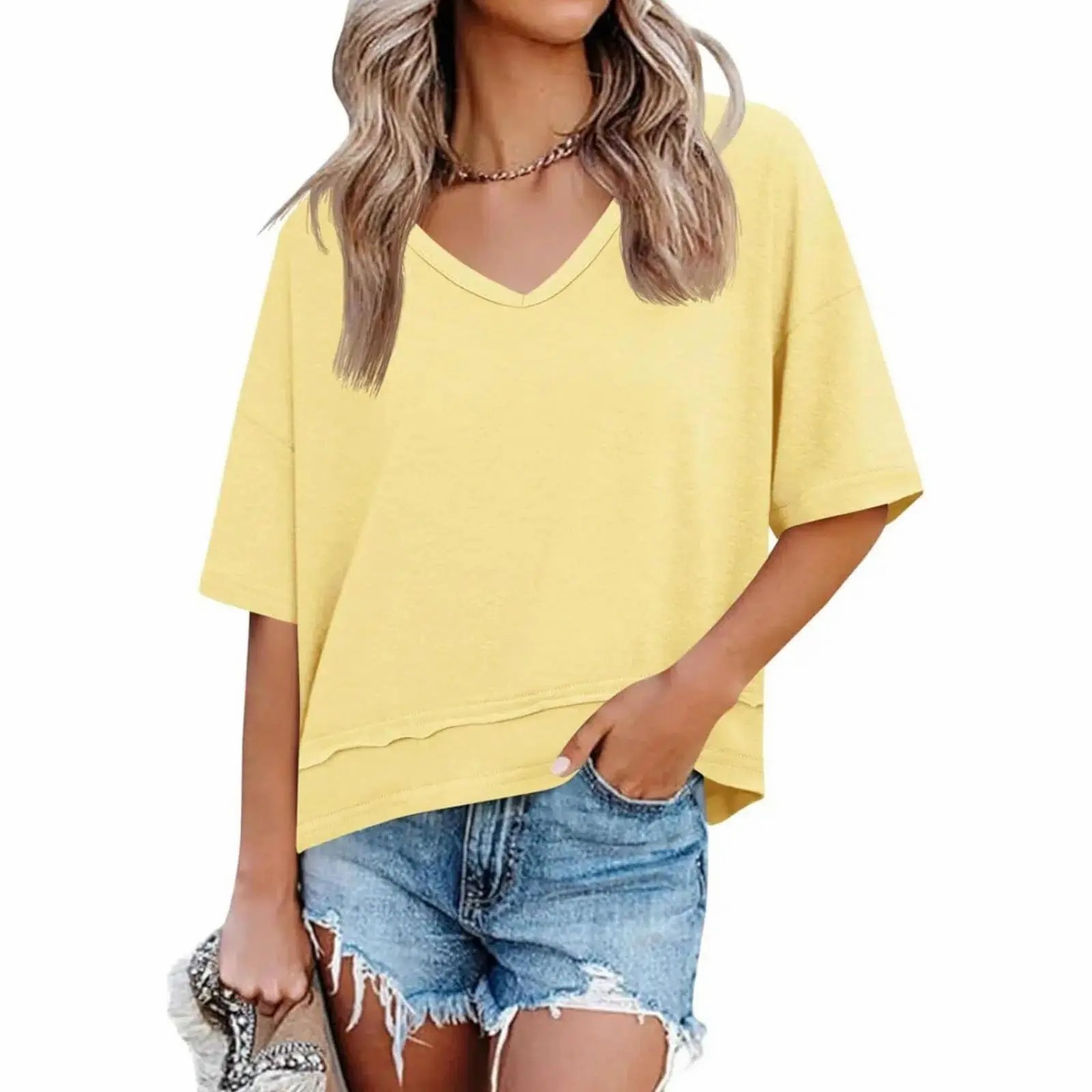 Women's V Neck Flowy Short Sleeve Tee – Casual Loose Fit Basic Top