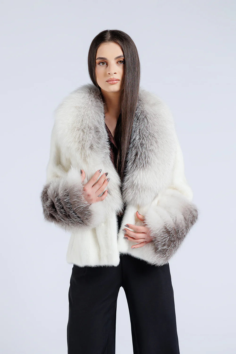 Haină din Blană Naturală de Vizon, cu Guler și Manșete din Blană Naturală de Vulpe, Femei, Imperial White 207