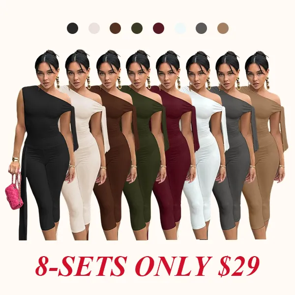 Women's Solid Asymmetrical Neck Knot Design Top & High Waist Capri Pants Two-piece Set