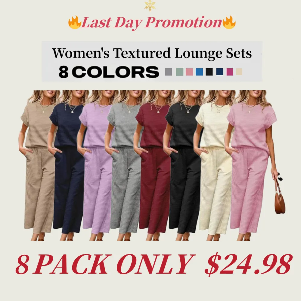 Women's Casual Textured Tops and Wide Leg Pants Lounge Sets