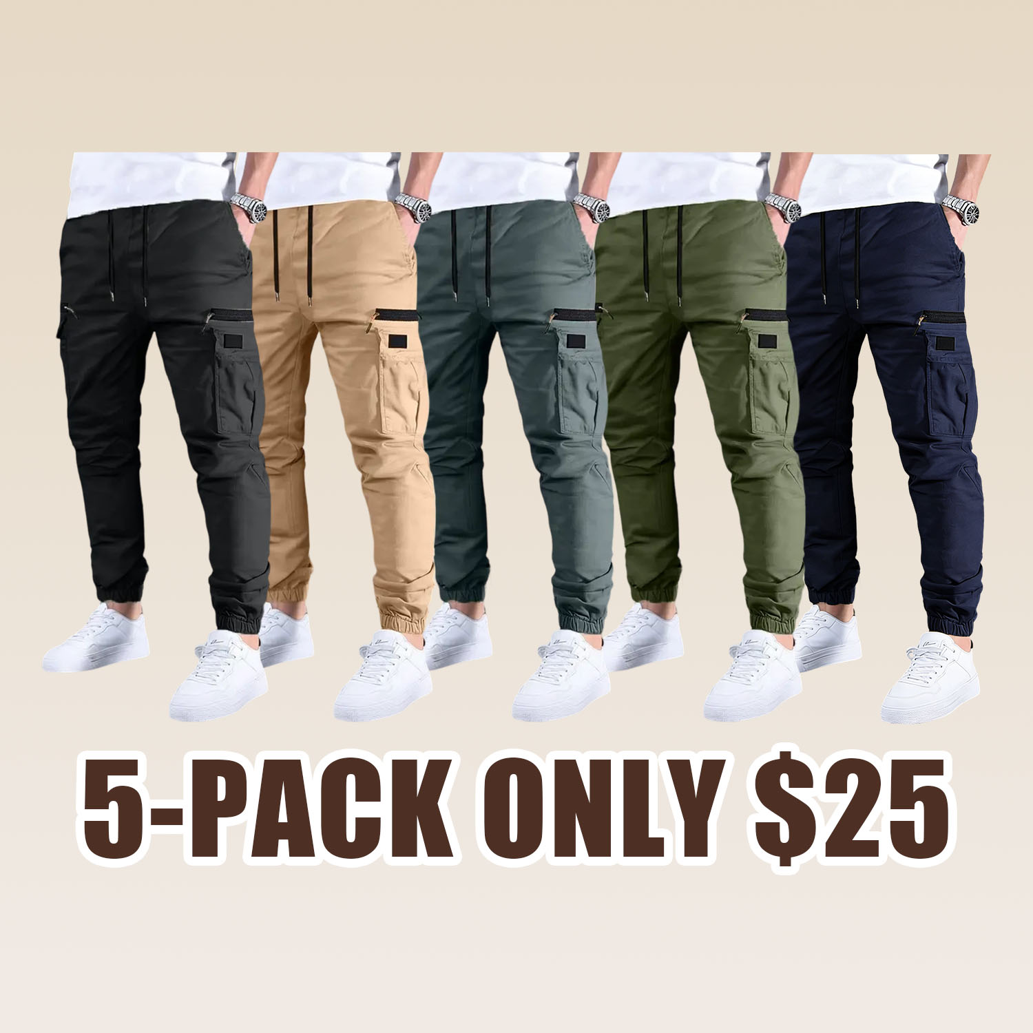 Men’s long cargo pants with a drawstring waist and multiple pockets