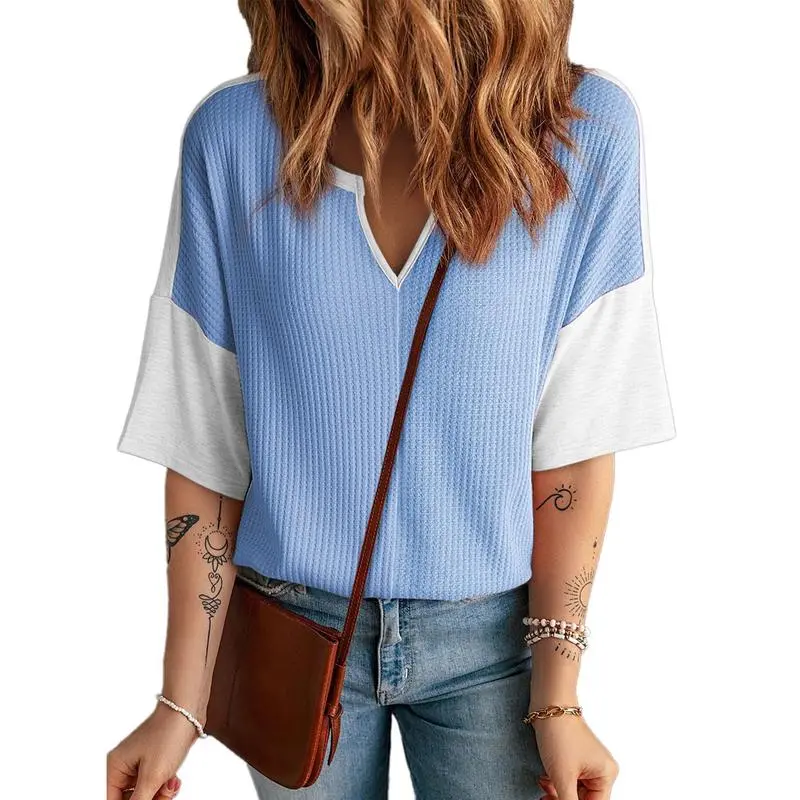 Womens Half Sleeve Waffle Knit Shirts V Neck Colorblock Blouses