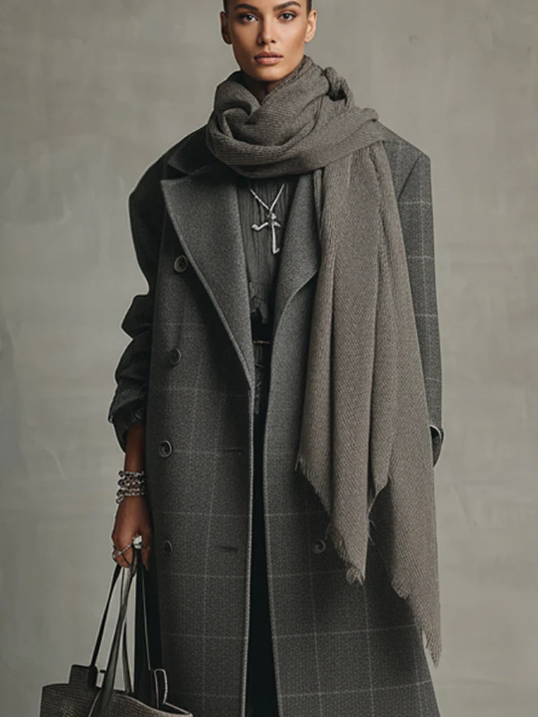 Charcoal Gray Check Double Breasted Wool Blend Coat