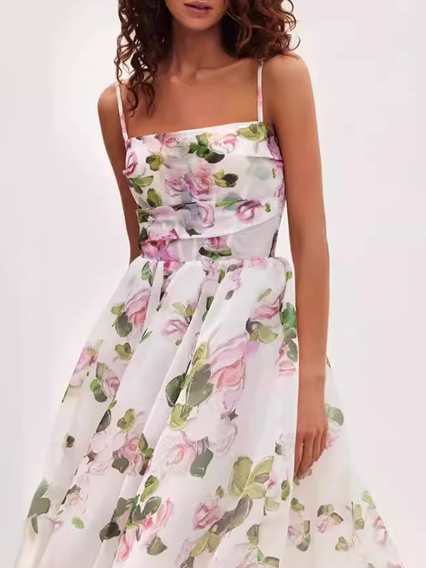 Flower Printed Ruffled Pleated Sleeveless Spaghetti-Neck Chiffon Midi Dresses