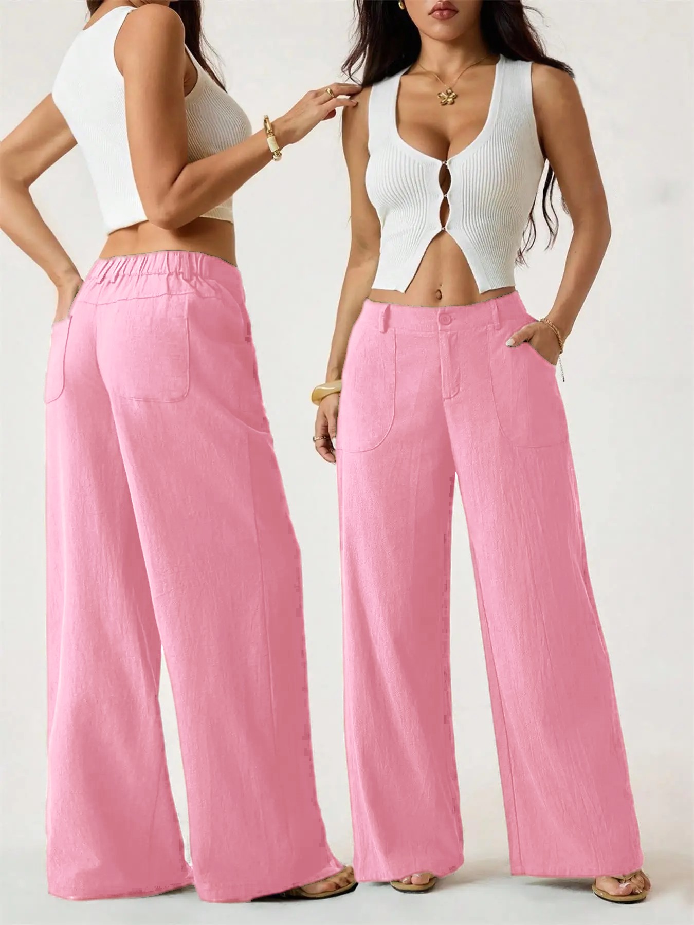 Women's Classical Linen Palazzo Pants Summer Flowy Wide Straight Leg Beach Trousers With Pocket