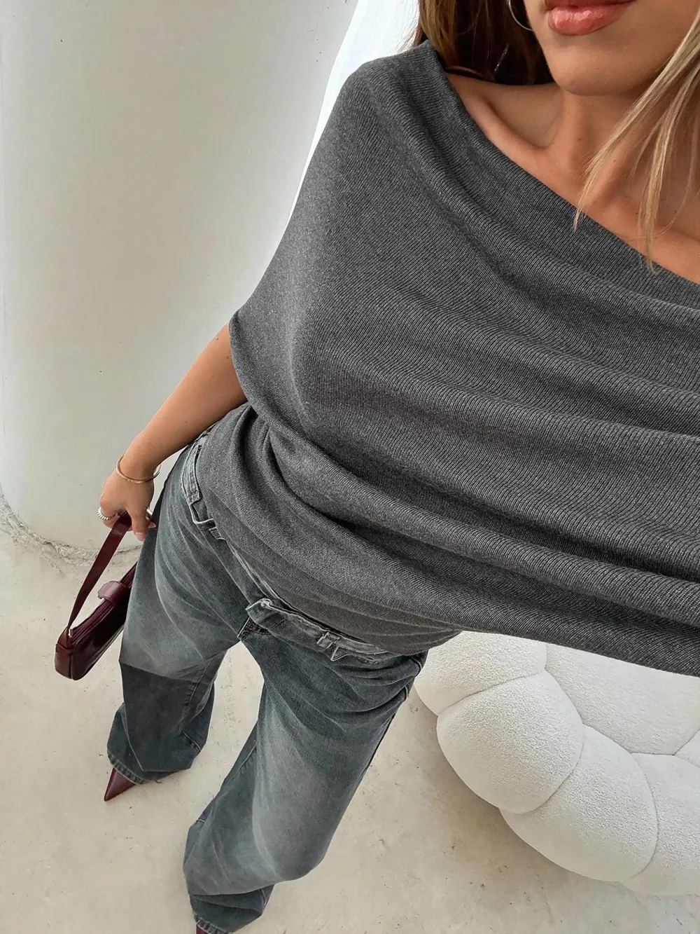 Women's Summer Autumn Plain Asymmetrical Shoulder Batwing Sleeve Knit T-Shirt