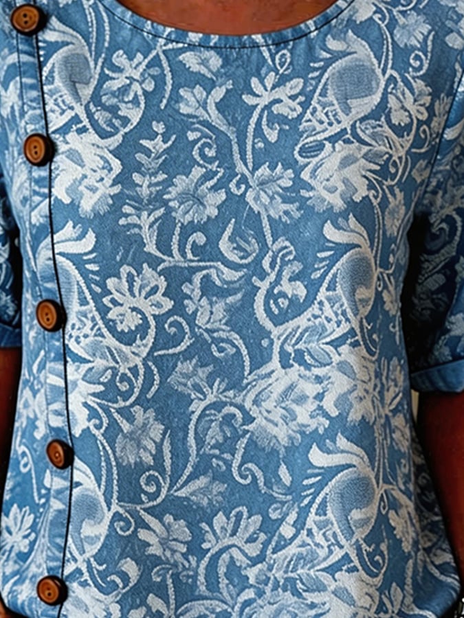 Women's Casual Denim Jacquard Short-Sleeve Top