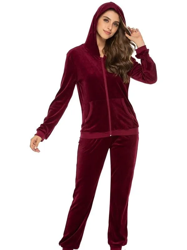 Women's Casual Velour Tracksuit Set Full Zipper Hoodie
