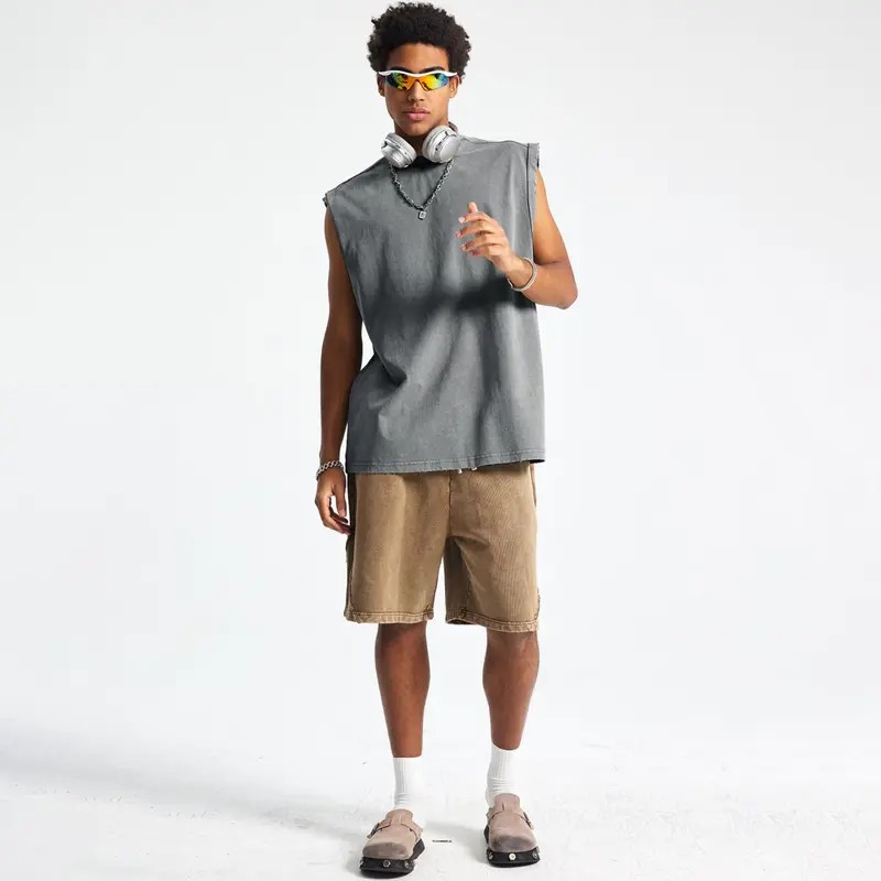 Unisex Acid Wash Cotton Muscle Tank Top – Loose Fit Gym & Streetwear Vest