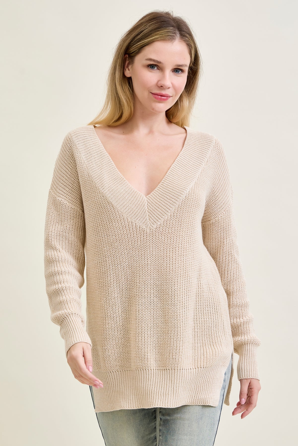 Slouchy V-Neck Off Shoulder Beige Sweater