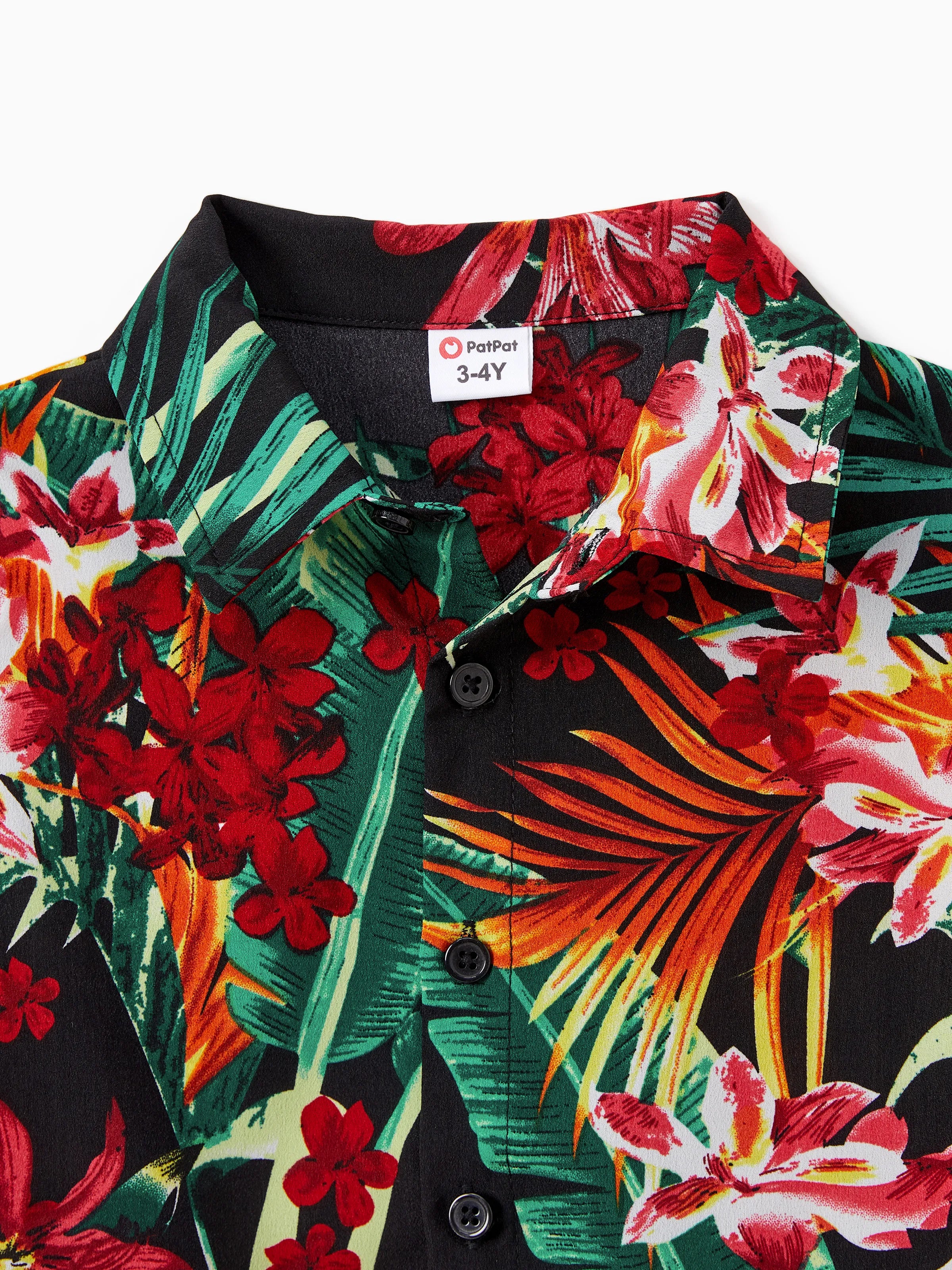Family Matching Allover Plant Floral Print Halterneck Dresses and Short-sleeve Shirts Sets Black