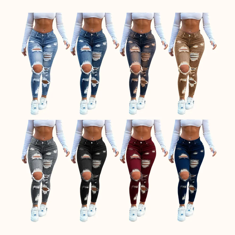 Women's High Waist Ripped Skinny Jeans with Butt Lifting Design, Elastic Denim for Valentine's Day Fashion